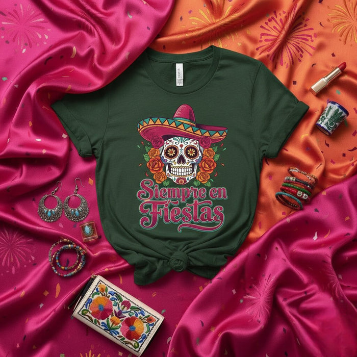 T-shirt Siempre en Fiestas Tête de Mort en Sucre Jour des Morts Tee-shirt Fête Mexicaine Dia de Muertos Haut Unisexe Imprimé Graphique Sombrero Roses et Fleurs