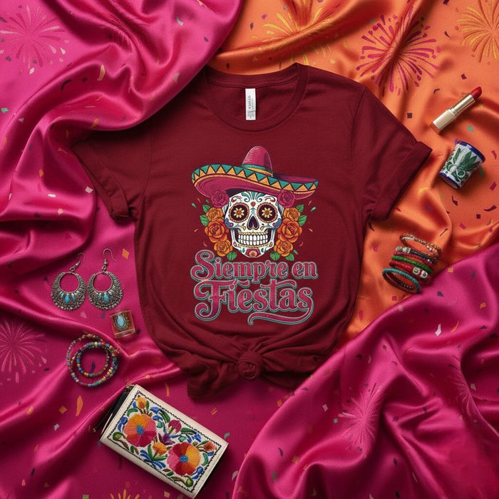 T-shirt Siempre en Fiestas Tête de Mort en Sucre Jour des Morts Tee-shirt Fête Mexicaine Dia de Muertos Haut Unisexe Imprimé Graphique Sombrero Roses et Fleurs