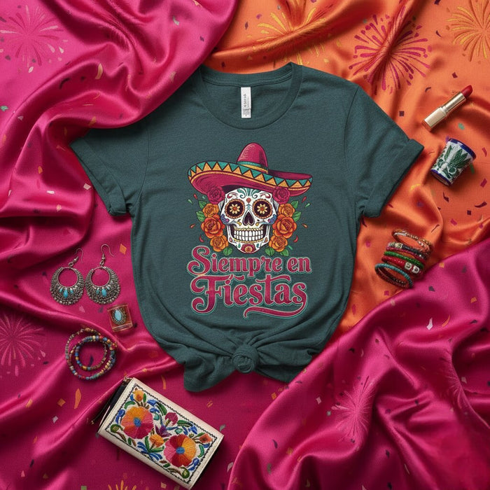 T-shirt Siempre en Fiestas Tête de Mort en Sucre Jour des Morts Tee-shirt Fête Mexicaine Dia de Muertos Haut Unisexe Imprimé Graphique Sombrero Roses et Fleurs