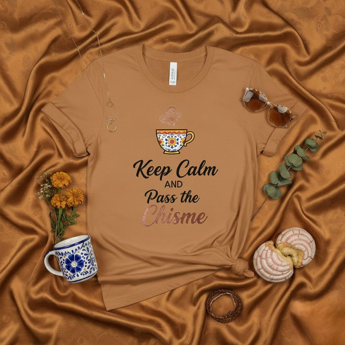 Gardez votre calme et passez le chisme, T-shirt drôle de tasse à café Latina, design floral mexicain, T-shirt de commérage, haut graphique unisexe en espagnol et anglais, cadeau d'inspiration culturelle