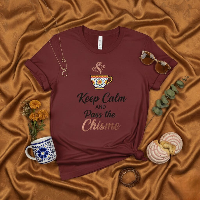 Gardez votre calme et passez le chisme, T-shirt drôle de tasse à café Latina, design floral mexicain, T-shirt de commérage, haut graphique unisexe en espagnol et anglais, cadeau d'inspiration culturelle
