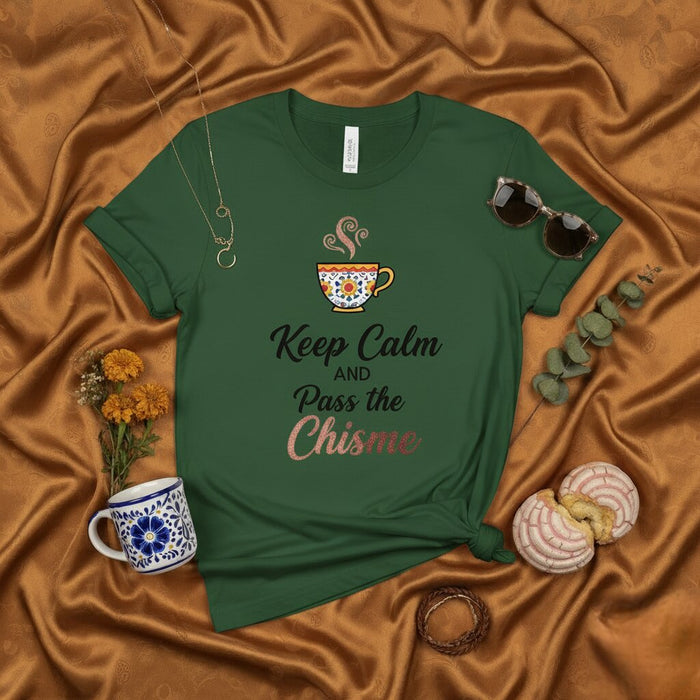 Gardez votre calme et passez le chisme, T-shirt drôle de tasse à café Latina, design floral mexicain, T-shirt de commérage, haut graphique unisexe en espagnol et anglais, cadeau d'inspiration culturelle
