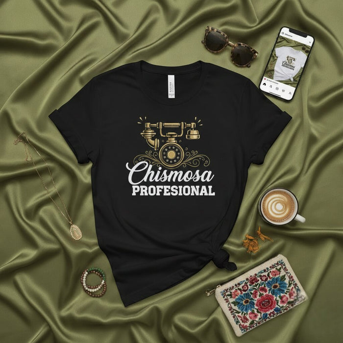 T-shirt Chismosa Profesional, T-shirt drôle sur les potins en espagnol, haut avec graphique de téléphone rotatif rétro, cadeau pour Latina, haut unisexe humour mexicano-américain, t-shirt avec dicton en spanglish, t-shirt Latina Chisme