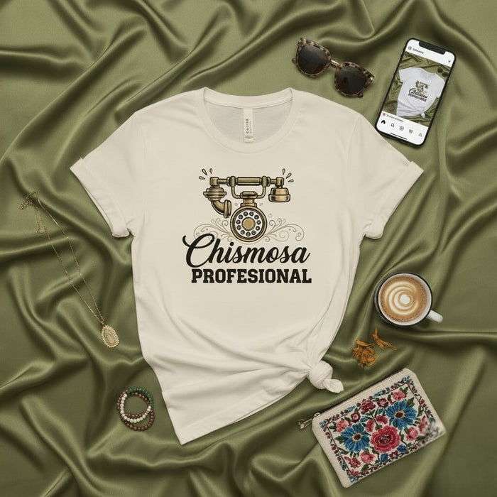 T-shirt Chismosa Profesional, T-shirt drôle sur les potins en espagnol, haut avec graphique de téléphone rotatif rétro, cadeau pour Latina, haut unisexe humour mexicano-américain, t-shirt avec dicton en spanglish, t-shirt Latina Chisme