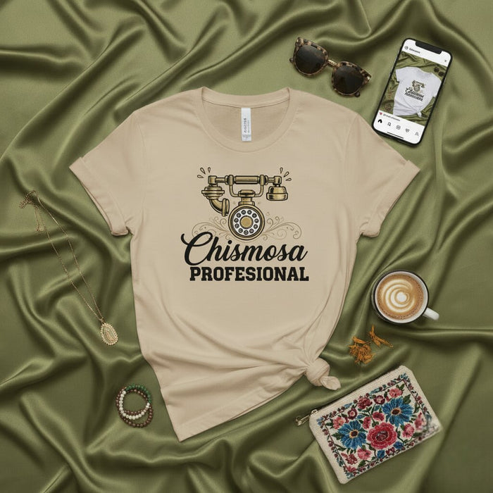 T-shirt Chismosa Profesional, T-shirt drôle sur les potins en espagnol, haut avec graphique de téléphone rotatif rétro, cadeau pour Latina, haut unisexe humour mexicano-américain, t-shirt avec dicton en spanglish, t-shirt Latina Chisme