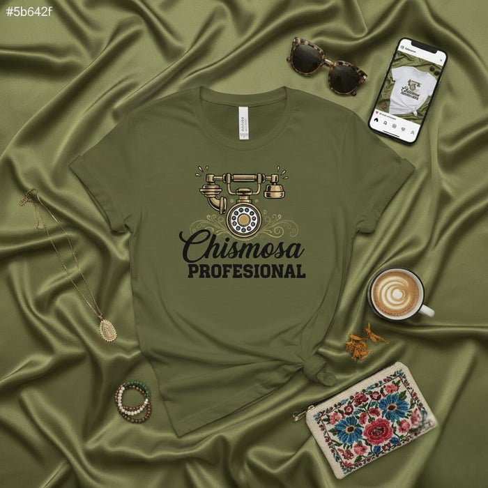 T-shirt Chismosa Profesional, T-shirt drôle sur les potins en espagnol, haut avec graphique de téléphone rotatif rétro, cadeau pour Latina, haut unisexe humour mexicano-américain, t-shirt avec dicton en spanglish, t-shirt Latina Chisme