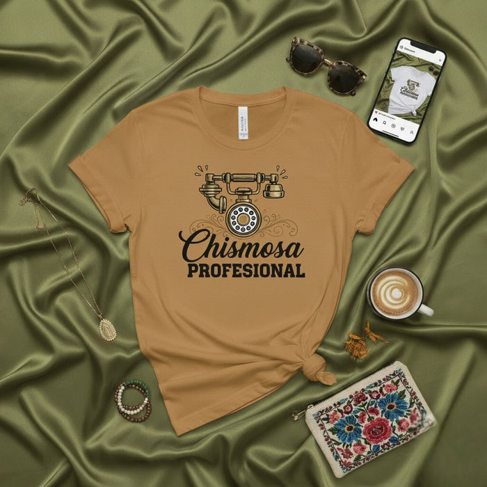 T-shirt Chismosa Profesional, T-shirt drôle sur les potins en espagnol, haut avec graphique de téléphone rotatif rétro, cadeau pour Latina, haut unisexe humour mexicano-américain, t-shirt avec dicton en spanglish, t-shirt Latina Chisme