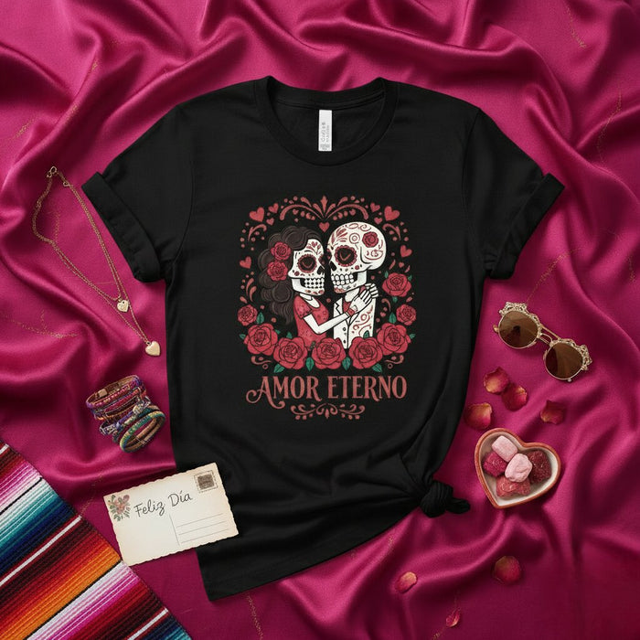 T-shirt Couple Jour des Morts Amor Eterno - T-shirt Calavera Tête de Mort, Design Amour Dia de los Muertos, Chemise Culture Mexicaine, Cadeau Unisexe