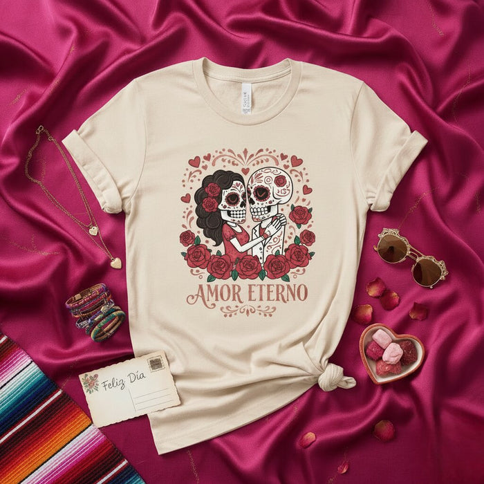 T-shirt Couple Jour des Morts Amor Eterno - T-shirt Calavera Tête de Mort, Design Amour Dia de los Muertos, Chemise Culture Mexicaine, Cadeau Unisexe