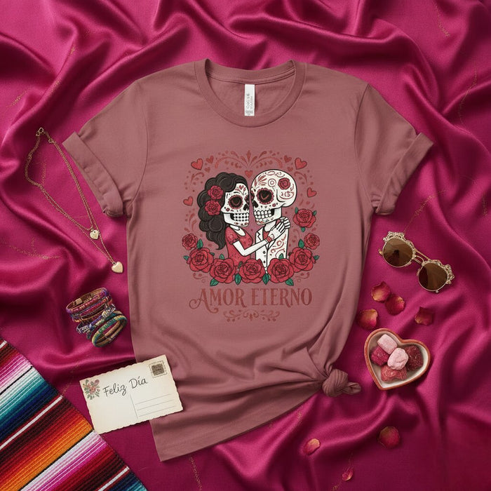 T-shirt Couple Jour des Morts Amor Eterno - T-shirt Calavera Tête de Mort, Design Amour Dia de los Muertos, Chemise Culture Mexicaine, Cadeau Unisexe