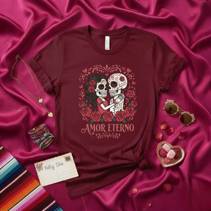 T-shirt Couple Jour des Morts Amor Eterno - T-shirt Calavera Tête de Mort, Design Amour Dia de los Muertos, Chemise Culture Mexicaine, Cadeau Unisexe