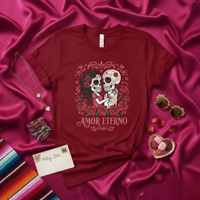 T-shirt Couple Jour des Morts Amor Eterno - T-shirt Calavera Tête de Mort, Design Amour Dia de los Muertos, Chemise Culture Mexicaine, Cadeau Unisexe