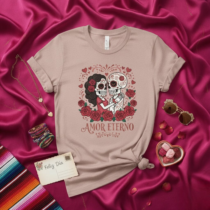 T-shirt Couple Jour des Morts Amor Eterno - T-shirt Calavera Tête de Mort, Design Amour Dia de los Muertos, Chemise Culture Mexicaine, Cadeau Unisexe