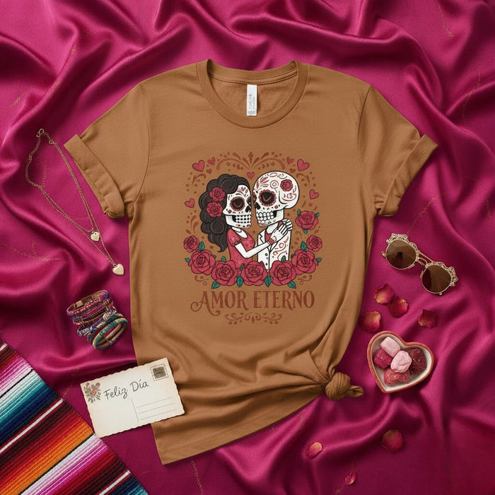 T-shirt Couple Jour des Morts Amor Eterno - T-shirt Calavera Tête de Mort, Design Amour Dia de los Muertos, Chemise Culture Mexicaine, Cadeau Unisexe