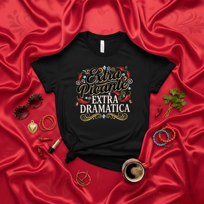 T-shirt Extra Picante Extra Dramatica Tee-shirt Latina sarcastique et épicé pour femmes, t-shirt drôle avec citation espagnole et piments, idée cadeau dramatique pour elle, haut de fête pour le Cinco de Mayo