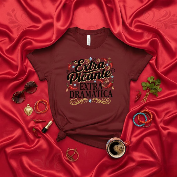 T-shirt Extra Picante Extra Dramatica Tee-shirt Latina sarcastique et épicé pour femmes, t-shirt drôle avec citation espagnole et piments, idée cadeau dramatique pour elle, haut de fête pour le Cinco de Mayo