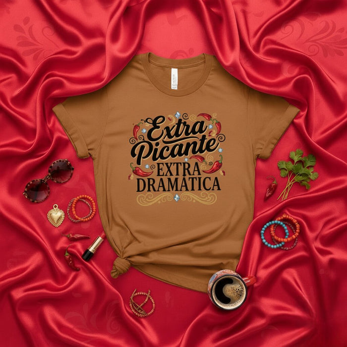 T-shirt Extra Picante Extra Dramatica Tee-shirt Latina sarcastique et épicé pour femmes, t-shirt drôle avec citation espagnole et piments, idée cadeau dramatique pour elle, haut de fête pour le Cinco de Mayo