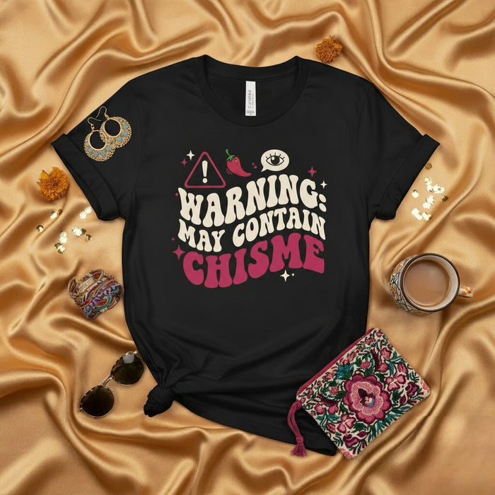 AVERTISSEMENT : Peut contenir du CHISME T-Shirt, T-shirt Latina drôle, Tee avec mot espagnol, T-shirt fantaisie potins, Top avec argot mexicain, Cadeau pour Comadre, Vêtement unisexe culture hispanique