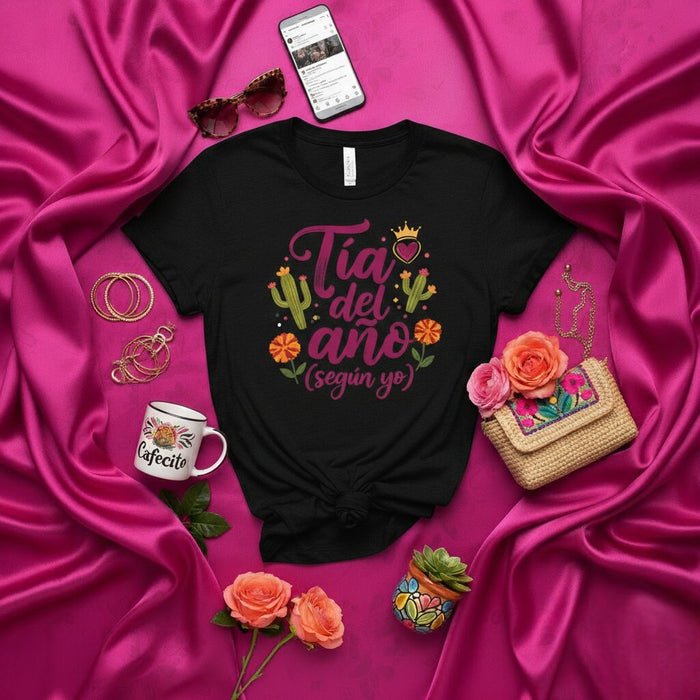 Tante de l'année (selon moi) T-shirt pour tante latina avec graphisme de cactus, fleurs et couronne, t-shirt drôle en espagnol, cadeau pour tante hispanique bien-aimée