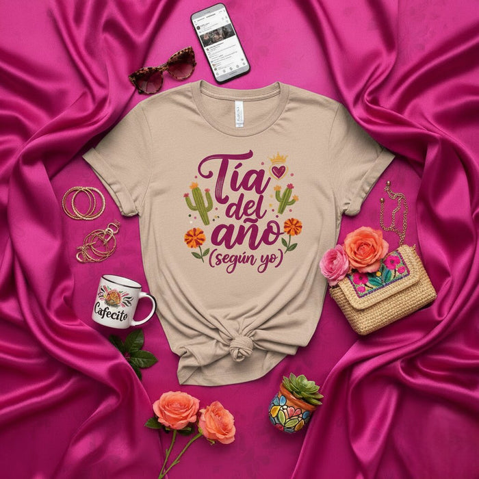 Tante de l'année (selon moi) T-shirt pour tante latina avec graphisme de cactus, fleurs et couronne, t-shirt drôle en espagnol, cadeau pour tante hispanique bien-aimée