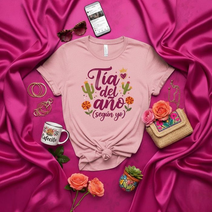 Tante de l'année (selon moi) T-shirt pour tante latina avec graphisme de cactus, fleurs et couronne, t-shirt drôle en espagnol, cadeau pour tante hispanique bien-aimée
