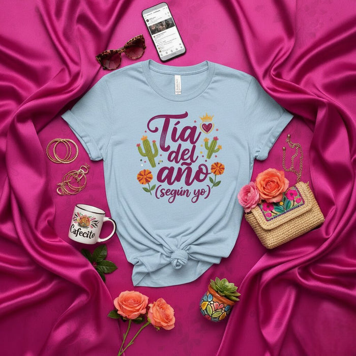 Tante de l'année (selon moi) T-shirt pour tante latina avec graphisme de cactus, fleurs et couronne, t-shirt drôle en espagnol, cadeau pour tante hispanique bien-aimée