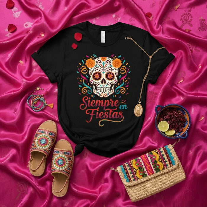 Camiseta de fiesta mexicana del Día de Muertos Siempre en Fiestas Camiseta de Calavera de Azúcar Día de Muertos Camiseta floral Calavera para mujer