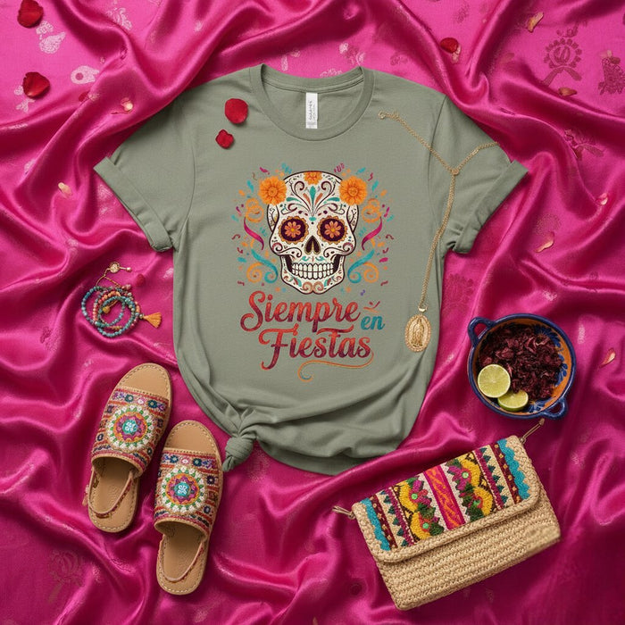 Camiseta de fiesta mexicana del Día de Muertos Siempre en Fiestas Camiseta de Calavera de Azúcar Día de Muertos Camiseta floral Calavera para mujer