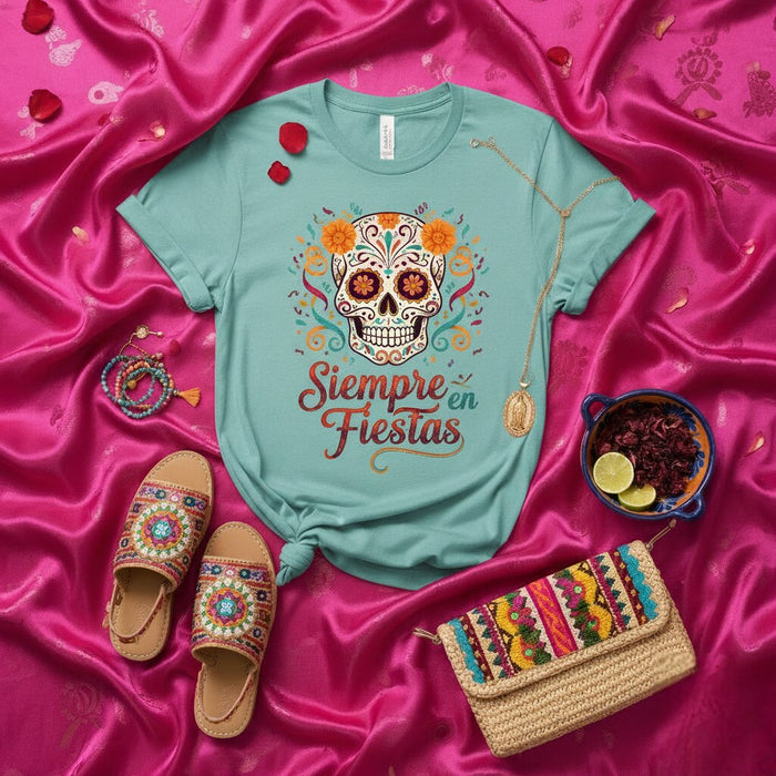 Camiseta de fiesta mexicana del Día de Muertos Siempre en Fiestas Camiseta de Calavera de Azúcar Día de Muertos Camiseta floral Calavera para mujer