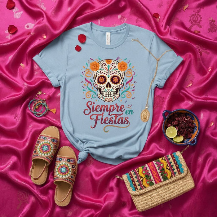 Camiseta de fiesta mexicana del Día de Muertos Siempre en Fiestas Camiseta de Calavera de Azúcar Día de Muertos Camiseta floral Calavera para mujer