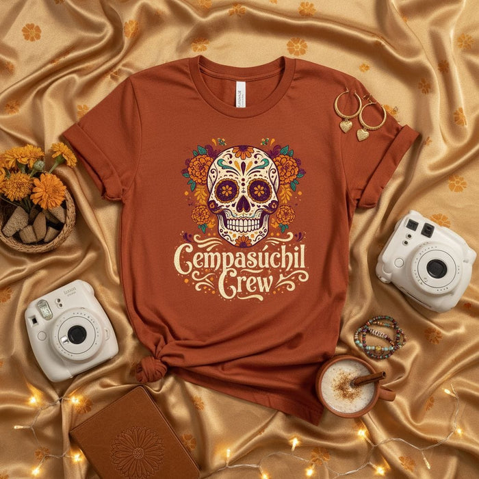 Gempasúchil Crew Shirt Dia de Muertos Sugar Skull Marigold Flower Tee Unisex Halloween Day of the Dead Top Mexicada