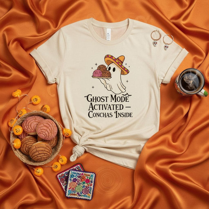 Ghost Mode Activated Conchas Inside T-Shirt, Funny Halloween Ghost with Sombrero and Pan Dulce Conchas, Unisex Fall Baking Lover Gift Tee, Mexican Bread Pastry Shirt Mexicada