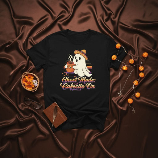Ghost Mode Cafecito On, Funny Cute Spooky Ghost Drinking Coffee T-Shirt, Halloween Dia De Muertos Unisex Tee with Sombrero and Mug, Fall Season Apparel, Spooky Vibes Mexicada