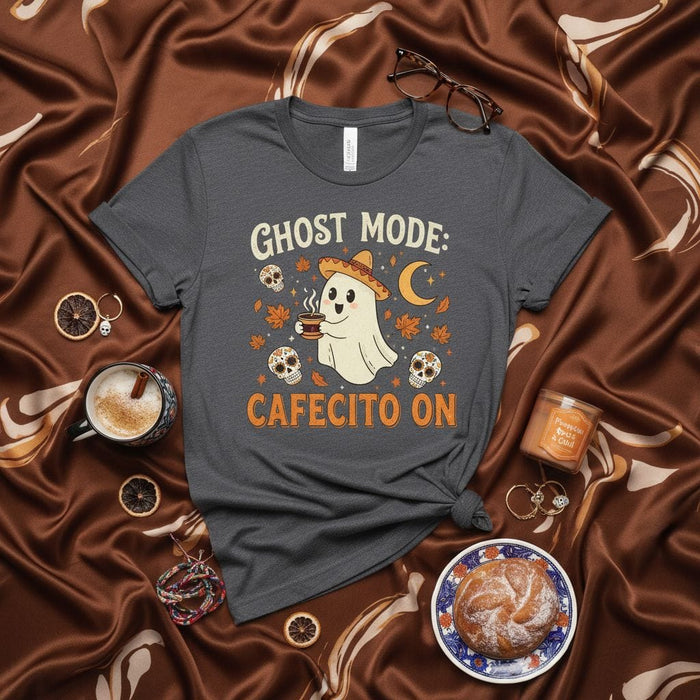 Ghost Mode Cafecito On Shirt, Funny Halloween Ghost T-Shirt with Sombrero Drinking Coffee, Spooky Season Fall Leaves Sugar Skulls Tee, Cute Autumn Graphic Unisex Gift Mexicada