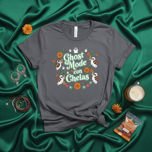 Ghost Mode con Chelas T-Shirt Day of the Dead Shirt for Halloween Party, Funny Spooky Beer Drinking Tee, Dia De Muertos Ghost and Marigold Flowers Graphic Unisex Shirt Mexicada