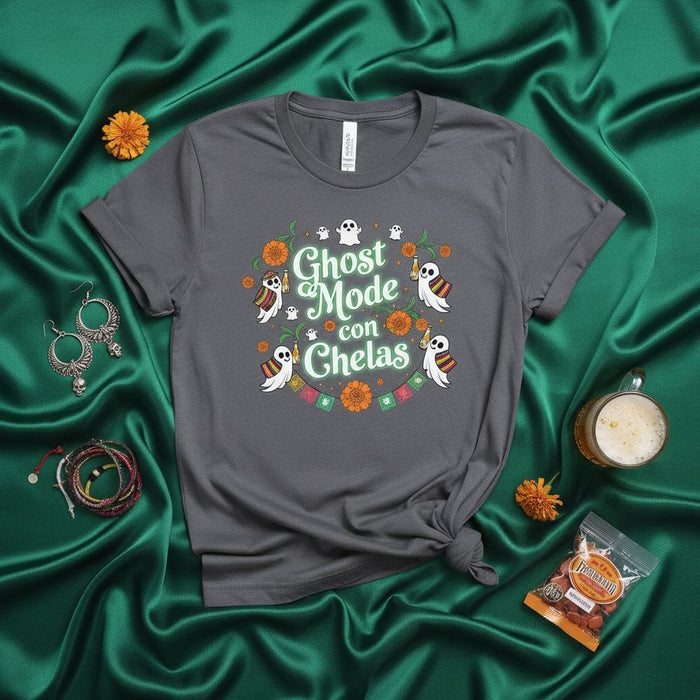 Ghost Mode con Chelas T-Shirt Day of the Dead Shirt for Halloween Party, Funny Spooky Beer Drinking Tee, Dia De Muertos Ghost and Marigold Flowers Graphic Unisex Shirt Mexicada