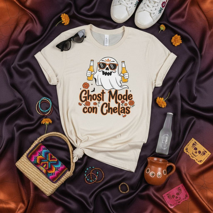 Ghost Mode con Chelas T-Shirt Funny Halloween Spooky Ghost Beer Drinking Party Shirt Dia de Muertos Gift Unisex Tee Shirt for Fall Festivities Mexicada