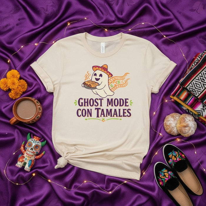 Ghost Mode Con Tamales Shirt, Funny Halloween Dia de Muertos Gift, Cute Ghost Sombrero Tamale Foodie Tee, Unisex Hispanic Culture Spooky Season Apparel Mexicada