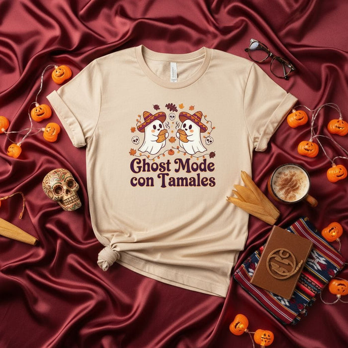 Ghost Mode con Tamales T-Shirt Spooky Season Mexican Food Halloween Shirt Day of the Dead Ghosts Sombrero Autumn Fall Leaves Unisex Graphic Tee Festive Apparel Mexicada