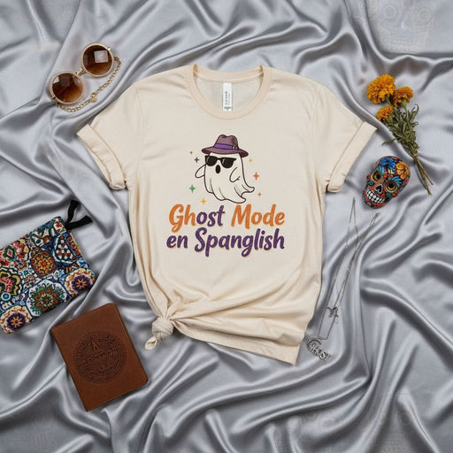 Ghost Mode en Spanglish Halloween T-Shirt, Funny Spanglish Ghost Shirt, Unisex Beige Cute Spooky Ghost with Sunglasses and Hat Tee, Dia de Muertos Inspired Holiday Apparel Mexicada