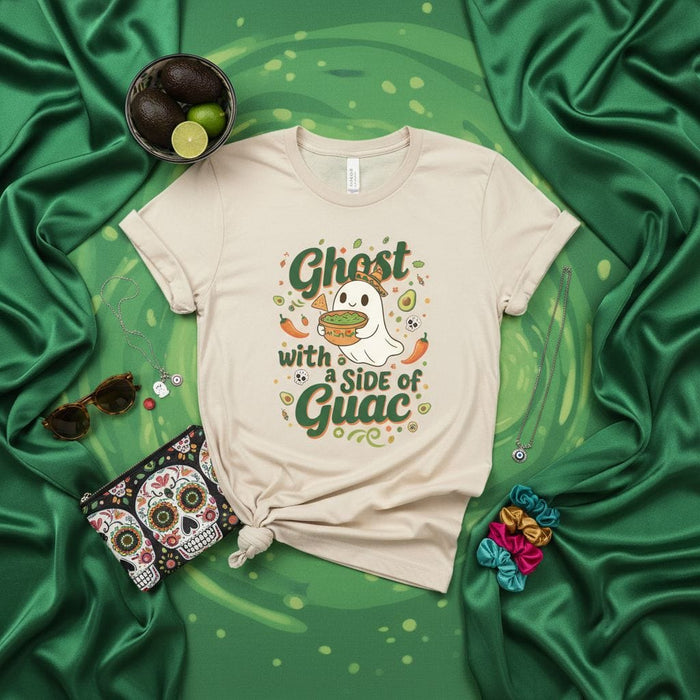 Ghost with a Side of Guac T-Shirt, Cute Halloween Ghost Holding Guacamole Bowl and Chip, Funny Spooky Season Apparel, Avocado Pepper Skull Print Tee, Unisex Short Sleeve Top Mexicada