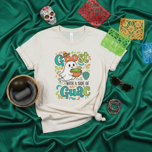 Ghost With A Side Of Guac T-Shirt, Cute Halloween Ghost With Sombrero Eating Guacamole Tee, Funny Spooky Season Mexican Food Unisex Shirt, Day of the Dead Sugar Skull Apparel Mexicada