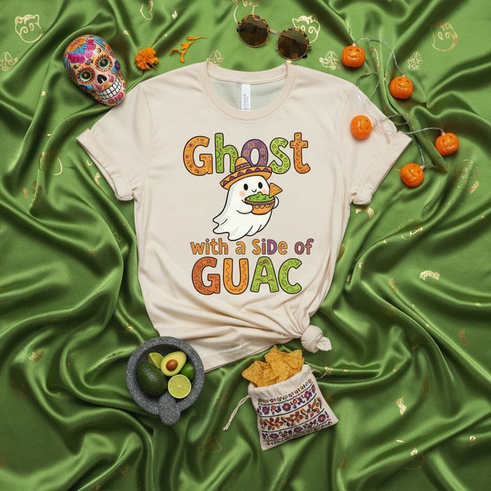 Ghost with a Side of Guac T-Shirt, Funny Halloween Ghost Shirt, Cute Spooky Season Tee, Mexican Food Guacamole Lover Gift, Trick or Treat Unisex Top, Dia de Muertos Sugar Skull Merch Mexicada