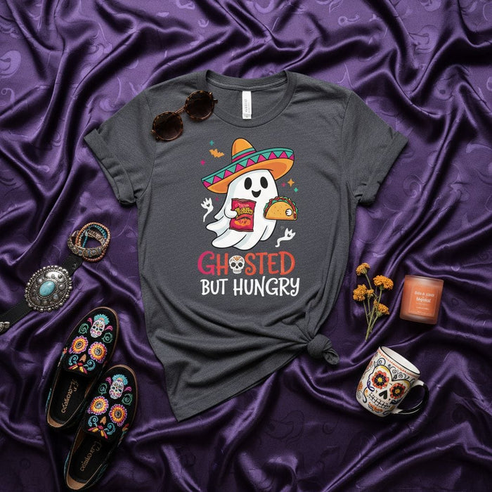 Ghosted But Hungry Funny Halloween Ghost with Sombrero Taco Takis Shirt, Spooky Cinco de Mayo Mexican Food Tee, Unisex Holiday Party Costume Gift Mexicada