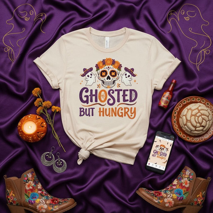 Ghosted But Hungry T-Shirt, Día de Muertos Sugar Skull Shirt, Halloween Ghost Funny Mexican Food Tee, Calavera Floral Sombrero Design, Unisex Holiday Shirt Mexicada