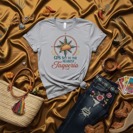 GPS Set to the Nearest Taquería Funny Taco Compass Shirt, Unisex T-Shirt for Taco Lovers, Mexican Food Lover Gift Tee, Foodie Vacation Graphic T-Shirt Mexicada