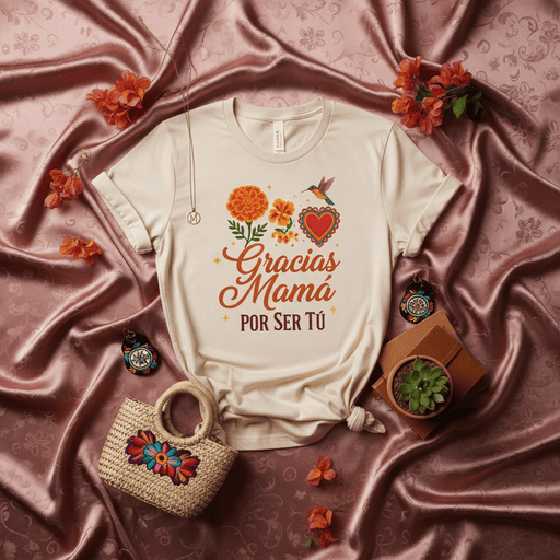 Gracias Mamá Por Ser Tú T-Shirt, Mother's Day Marigold Hummingbird Heart Tee, Regalo para Mamá, Mexican Floral Design, Spanish Mom Shirt, Día de las Madres Gift, Women's/Unisex Softstyle Shirt Mexicada