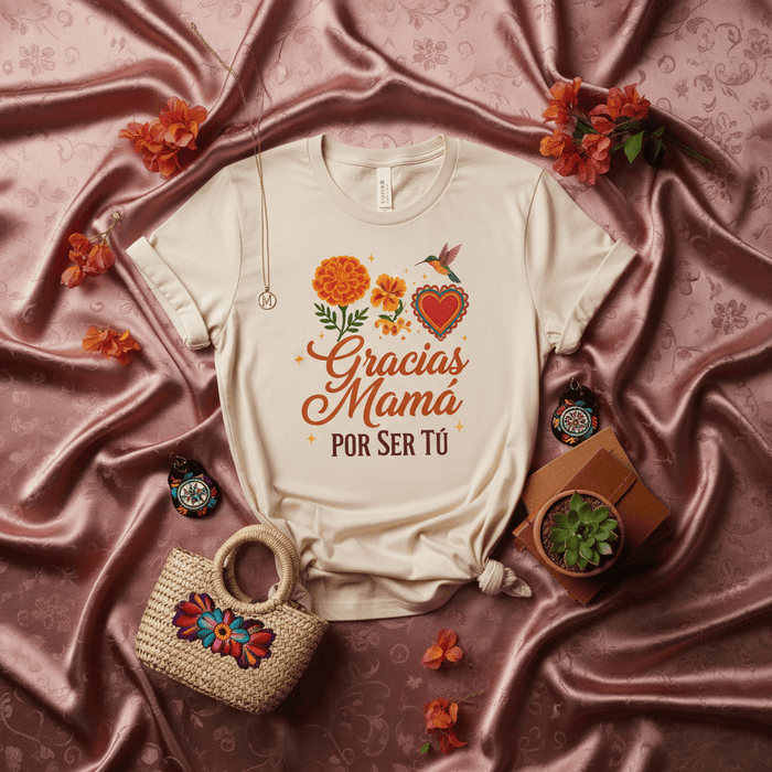 Gracias Mamá Por Ser Tú T-Shirt, Mother's Day Marigold Hummingbird Heart Tee, Regalo para Mamá, Mexican Floral Design, Spanish Mom Shirt, Día de las Madres Gift, Women's/Unisex Softstyle Shirt Mexicada