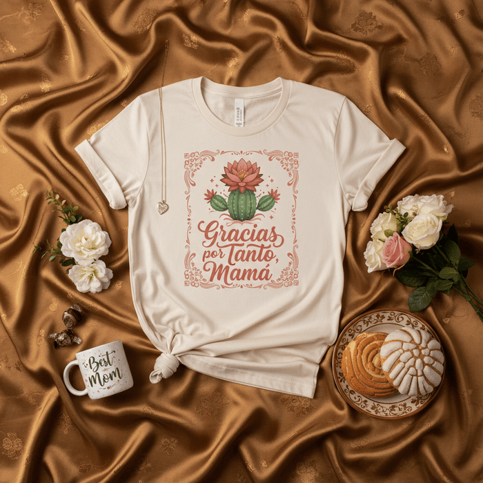 Gracias por Tanto, Mamá Cactus Flower T-Shirt, Spanish Mother's Day Shirt, Mexican Mom Gift, Desert Plant Graphic Tee, Thank You Mom Present, Floral Frame Unisex Shirt Mexicada