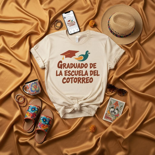 Graduado de la Escuela del Cotorreo T-Shirt, Camiseta Unisex con Diseño de Graduación, Pájaro y Birrete, Regalo Divertido para Amigos, Camisa Casual Estilo Mexicano Mexicada